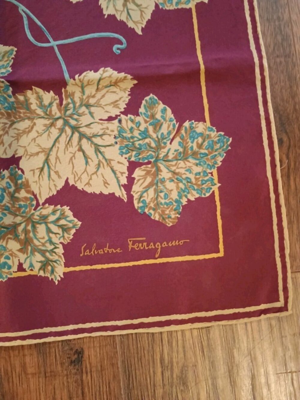 Vintage Salvatore Ferragamo Italy Grapes Motif Maroon Silk Scarf 31in Square - Picture 3 of 5